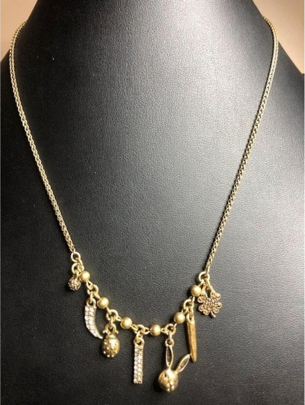 B3763 Lucky Brand Charm Necklace 18" Gold Tone Rhinestone Bunny Ladybug Clover